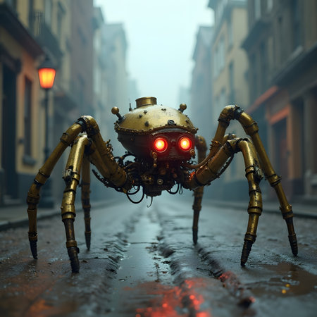 3D rendering of a steampunk robot in a city street.の素材