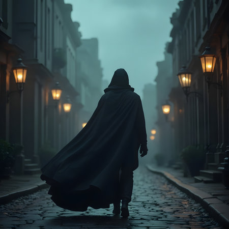 Hooded woman walking on a street in a foggy nightの素材