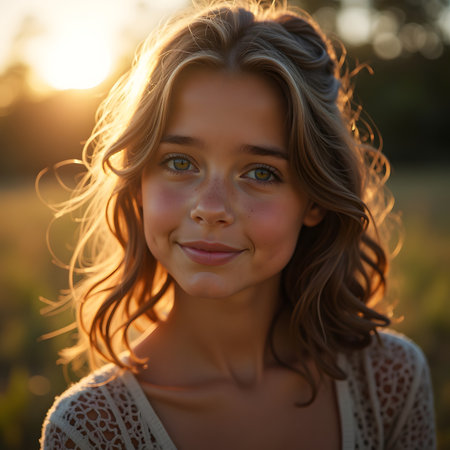 Portrait of a beautiful young girl in the field at sunset.の素材