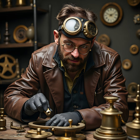 Portrait of a bearded man in a leather jacket and glasses. He is sitting at the table and working on a clock.の素材