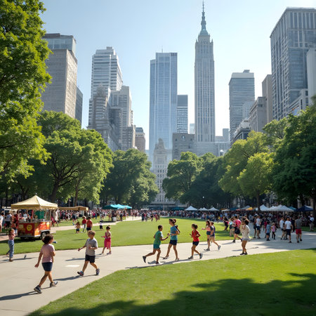 Unidentified people visit Central Park. Central Park is a major tourist attraction in Chicagoの素材