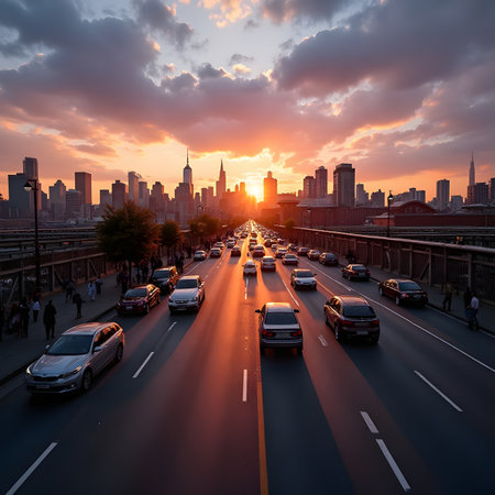 Aerial view of New York City Manhattan skyline at sunset, USA.の素材
