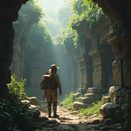 Man traveler with backpack and binoculars walking on the path in the forest.の素材