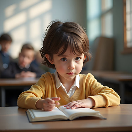 Portrait of a cute little boy sitting at the desk in classroomの素材