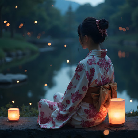 Asian woman in kimono sitting on the bridge with burning candlesの素材
