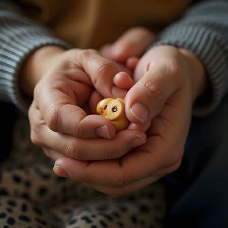 Hands of mother and child with yellow toy. Selective focus.の素材