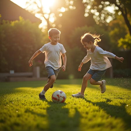Two little children, boy and girl, playing football on the lawn at sunsetの素材