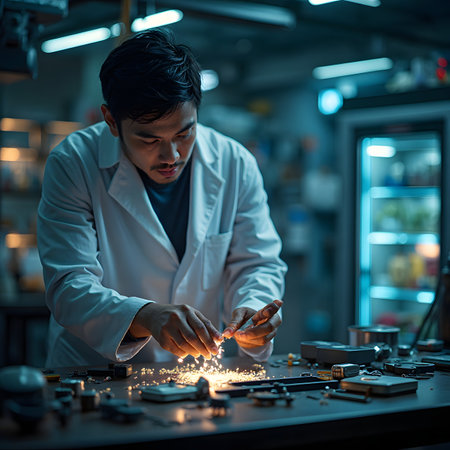 Technician working on a microcircuit in a laboratory. Technology and science concept.の素材