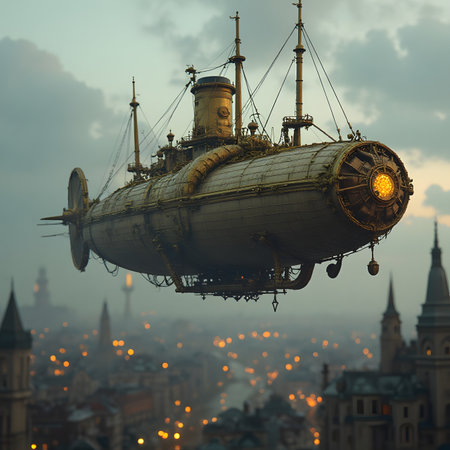 Futuristic airship flying over the city. 3d renderingの素材
