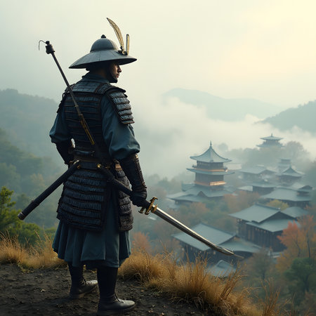Korean warrior with sword and helmet standing on the top of the mountainの素材
