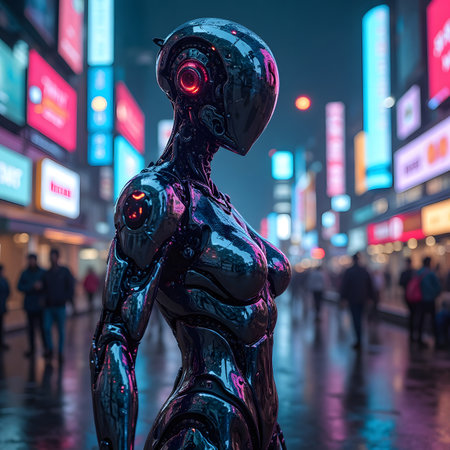 3D rendering of a female robot in the city at night.の素材