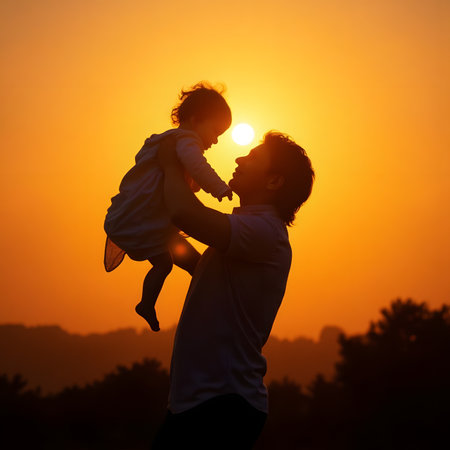 Silhouette of happy father and little daughter playing together at sunsetの素材