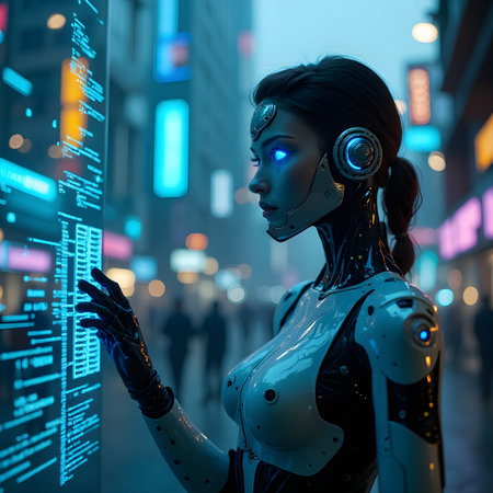 3d rendering of a female robot in a futuristic city at nightの素材