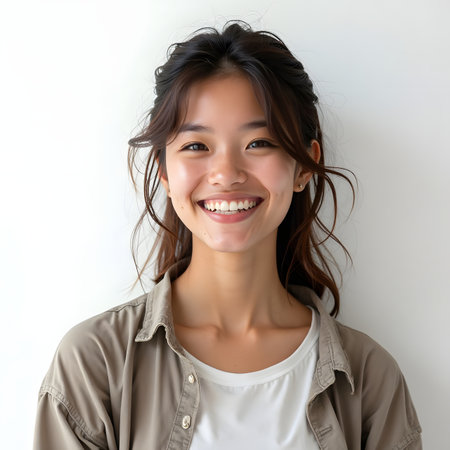 Portrait of happy young asian woman smiling and looking at camera.の素材