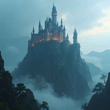 Fairy-tale castle on the edge of a cliff in the fogの素材