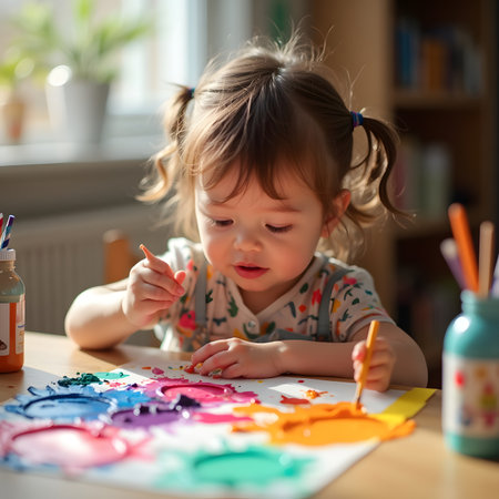 Adorable little girl painting with colorful gouache at home. Early development and education conceptの素材