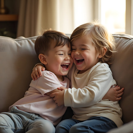 Little boy and girl laughing and hugging while sitting on sofa at homeの素材