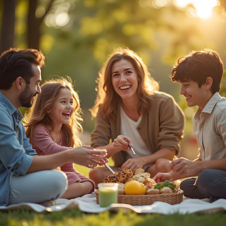 Happy family having picnic in the park. Mother, father and children having fun together.の素材