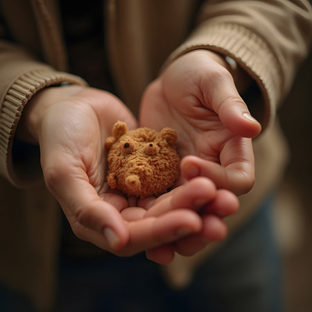 Little teddy bear in the hands of a child. Selective focus.の素材