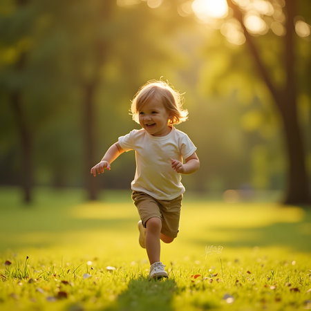 Happy little baby boy running on green grass in the park at sunsetの素材