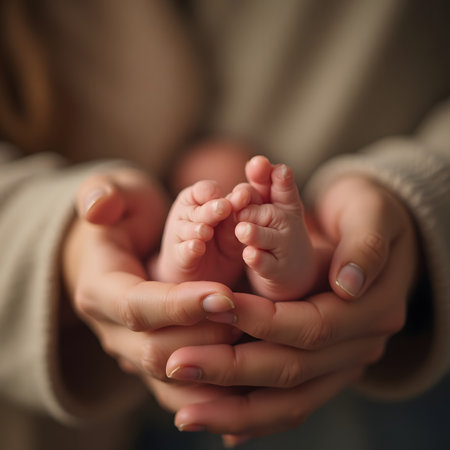Newborn baby feet in mother's hands close up. Happy family conceptの素材