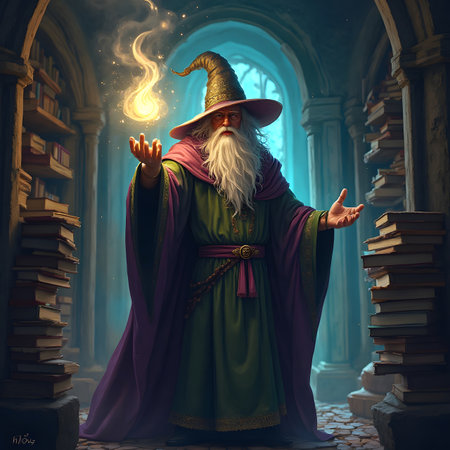 Old wizard with magic wand and spell book in the old castle.の素材