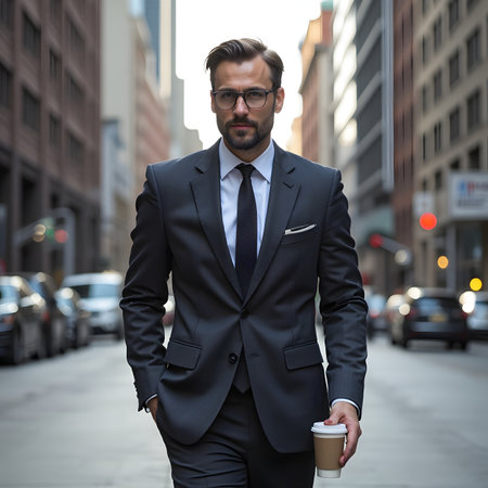 Portrait of a handsome businessman holding coffee cup and walking in the cityの素材