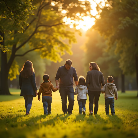 Happy family walking in the park at sunset. Parents and children having fun outdoors.の素材