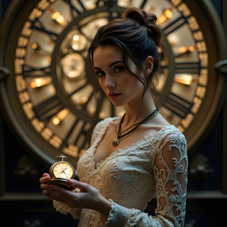 Beautiful girl in a white lace dress holding a clock in her handsの素材