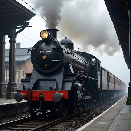 Steam locomotive at the station. Vintage steam locomotive. Steam locomotive.の素材