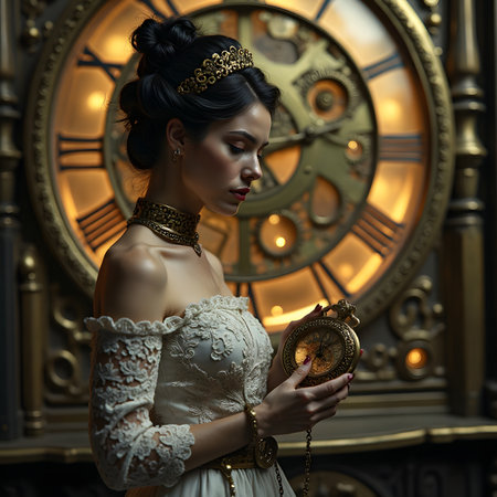 Portrait of a beautiful girl in a white dress with a clock in her hands.の素材