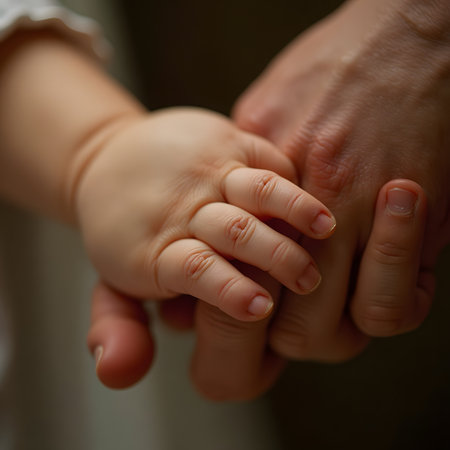 Baby holding mother's hand. Close-up. Shallow depth of fieldの素材