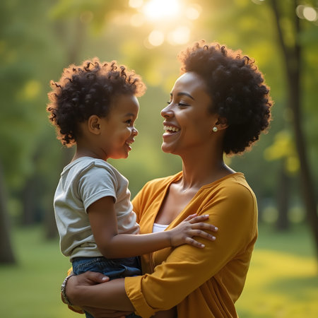 Happy African American mother and her little daughter in the park. Motherhood conceptの素材