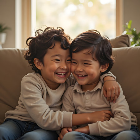 Portrait of two cute little boys hugging and smiling while sitting on sofa at homeの素材