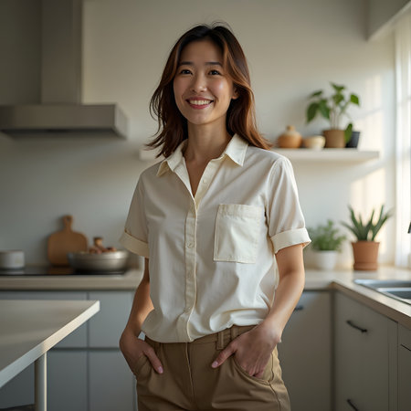 Portrait of a smiling young woman standing in the kitchen at homeの素材