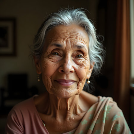 Portrait of an elderly Asian woman with gray hair at home.の素材