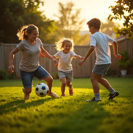 Happy family playing soccer in backyard at sunset. Mother, father and son having fun together.の素材