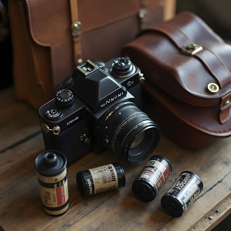 Vintage camera and film rolls on a wooden table with brown leather bagの素材