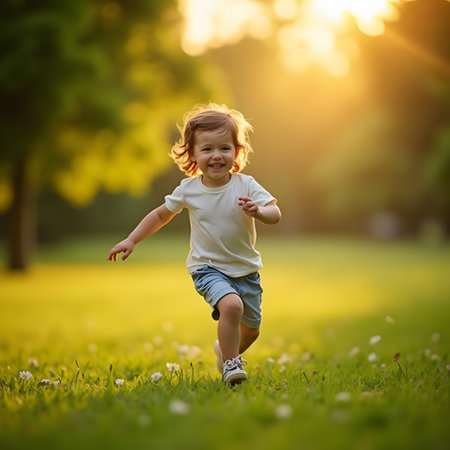 Cute little boy running on the meadow in the sunset lightの素材