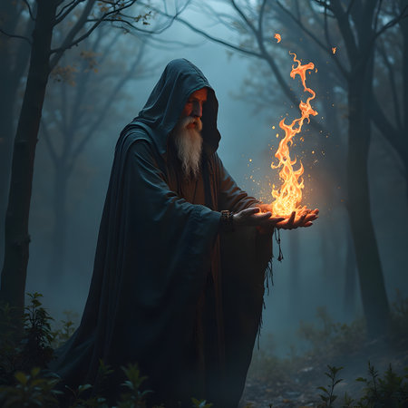 Old man in a dark forest with a burning candle in his handsの素材