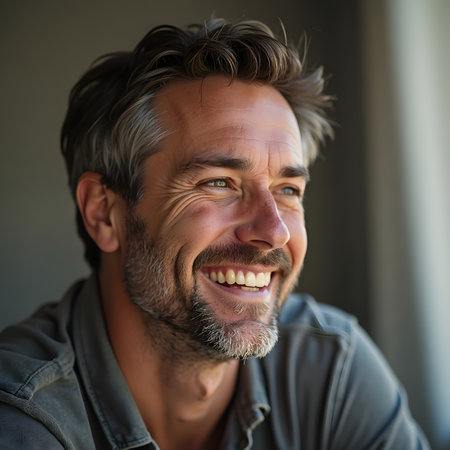 Portrait of a handsome mature man with gray hair and beard smiling at homeの素材