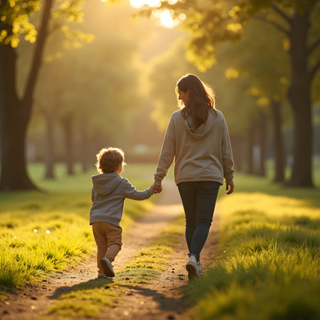 Mother and son walking in the park at sunset. Happy family.の素材