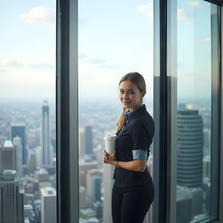 Beautiful businesswoman with coffee cup looking at window in office.の素材