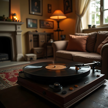 Vintage turntable with vinyl record in living room at homeの素材