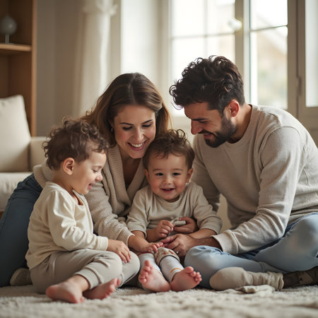 Happy family with two children sitting on the floor and looking at each otherの素材