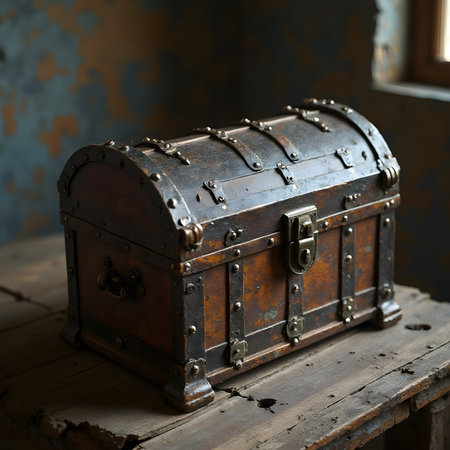 Old treasure chest on a rustic wooden table in an abandoned roomの素材