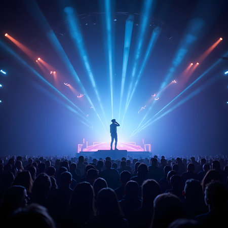 Silhouette of a crowd at a concert on stage with bright stage lightsの素材
