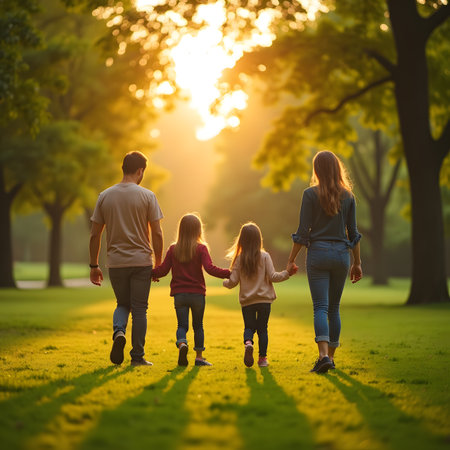Happy family walking in the park at sunset. Mother, father and their little daughters.の素材