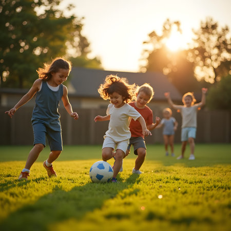 Group of children playing soccer on the field at sunset. Boys and girls having fun together.の素材