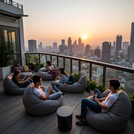 Group of friends sitting on bean bag chair and watching the cityscape at sunsetの素材